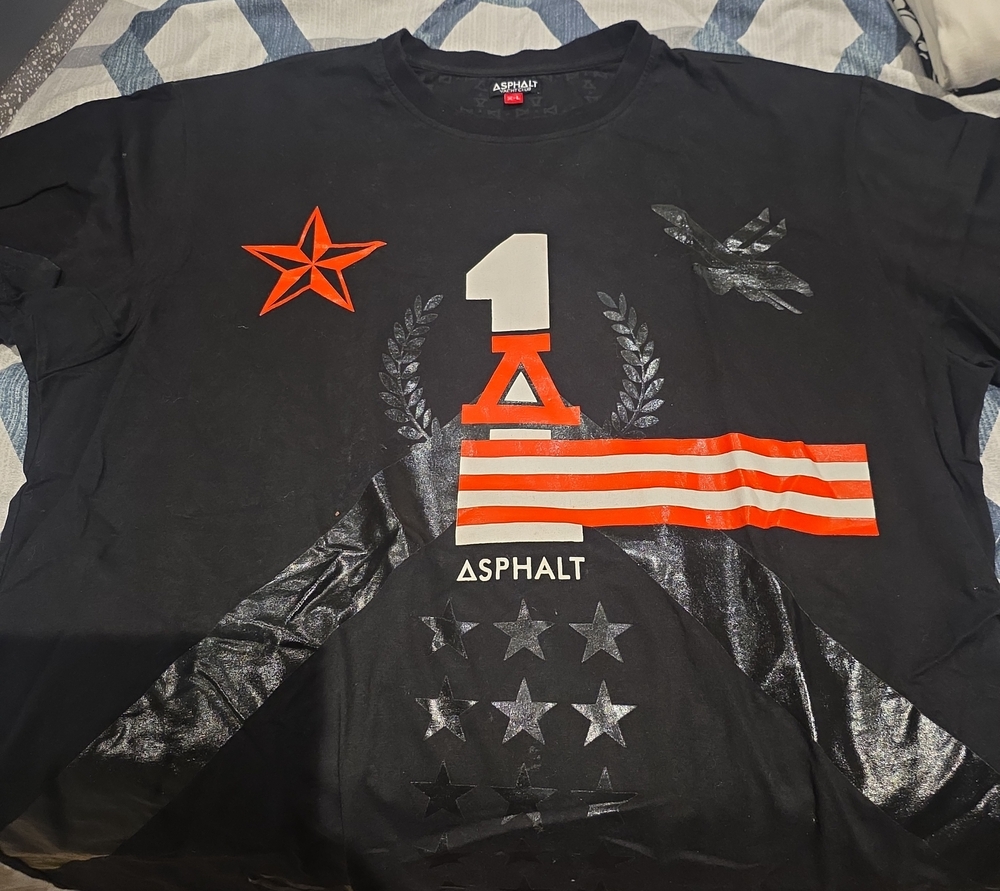 Asphalt Black Short-Sleeve Graphic Tee with Red and White Accents